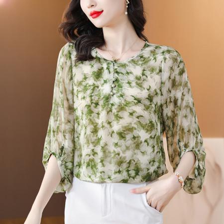 RM34067#圆领重磅真丝衬衫女七分袖2024春夏新款气质大牌弹力缎桑蚕丝上衣