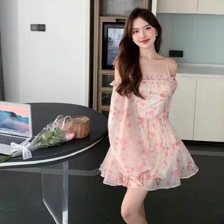 RM34071#原版做法+里布 高级感绝美挂脖一字领灯笼袖碎花连衣裙修身显瘦春