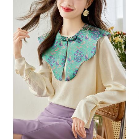 RM34079#新国风刺绣装饰大翻领系扣开叉醋酸长袖宽松小衫