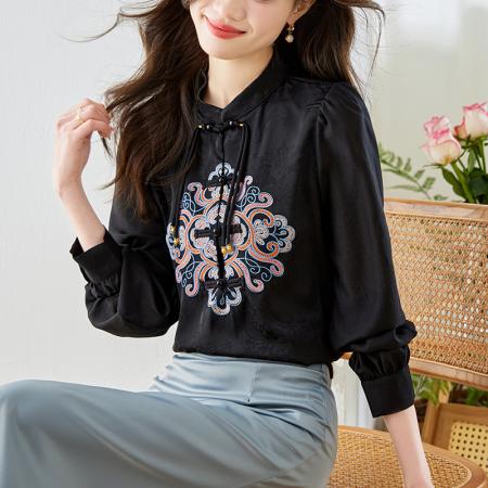 RM34082#新中式国风刺绣长袖衬衫女2024春装复古气质盘扣打底上衣