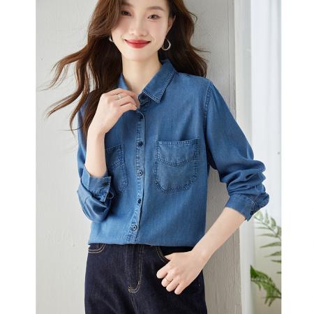 RM34084#天丝牛仔衬衫女长袖打底衫宽松外搭韩版外套