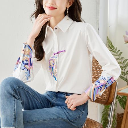 RM34086#小众设计感重工刺绣纯棉衬衫女百搭显瘦国风新中式上衣