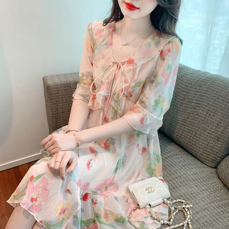 RM34087#夏季连衣裙名媛风韩版瑞丽甜美淑女型荷叶边裙V领套头