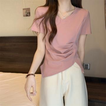 PF11#粉色v领短袖T恤女夏季设计感小众褶皱收腰开叉不规则上衣