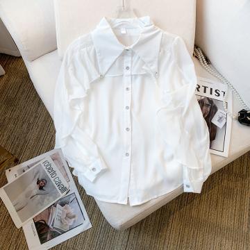 PF410#新款韩版白色衬衣法式高级感宽松翻领衬衫女