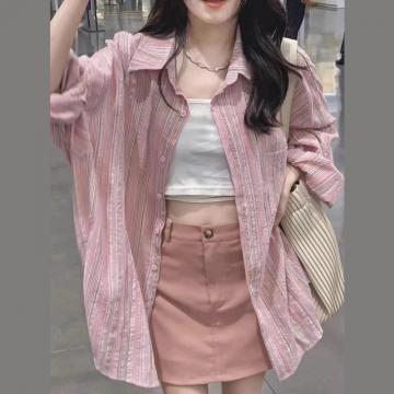PF475#新款大码女装韩国chic粉色条纹衬衫设计感慵懒风防晒衬衣