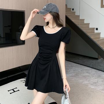PF489#夏季新款法式高级感气质收腰黑色连衣裙泡小个子小众设计感女
