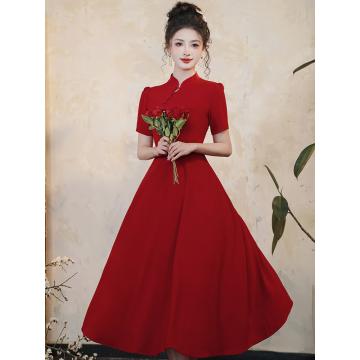 PF501#改良旗袍敬酒服新娘长袖结婚红色订婚礼服裙女小个子回门平时可穿