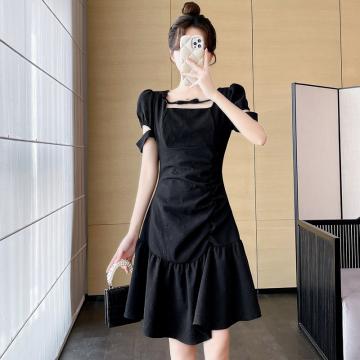 PF523#法式显瘦黑色连衣裙小个子高级感2024年夏季修身甜美韩版短裙