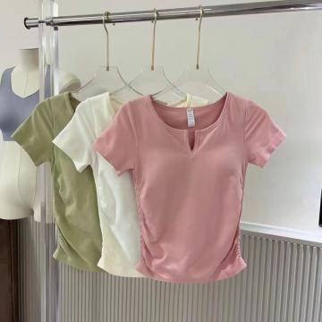 PF594#夏季新款小V领短款小个子短袖T恤上衣女设计感小众打底衫