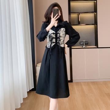 PF597#新中式国风假两件连衣裙女装 新款盘扣设计感气质拼接长裙