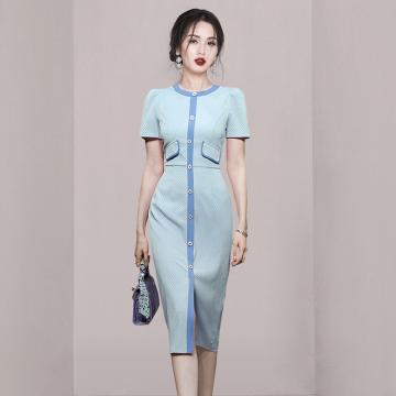 PF735#新款优雅时尚圆领泡泡袖收腰显瘦法式小香风连衣裙