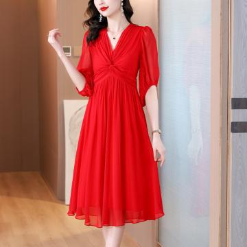 PF781#新款红色真丝气质高端女神大牌桑蚕丝连衣裙