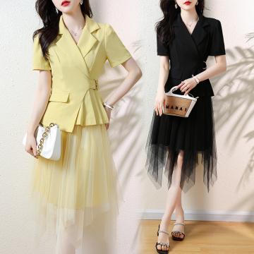PF795#夏季大码女装时尚显瘦西服+仙气网纱半身裙裙两件套装