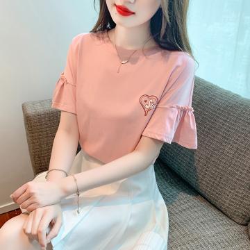 PF1005#夏季T恤圆领韩版喇叭袖甜美套头标准短袖H型淑女