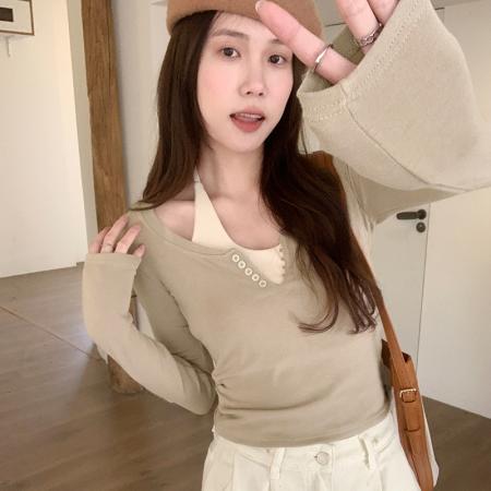 PF06#撞色假两件小众百搭上衣修身显瘦打底挂脖个性长袖针织衫