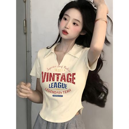 PF13#美式复古v领正肩短袖t恤女夏季甜辣收腰弧形下摆短款上衣修身显瘦