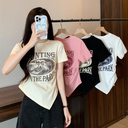 PF14#夏日多巴胺T恤女不规则绝美穿搭美式复古印花短袖正肩上衣
