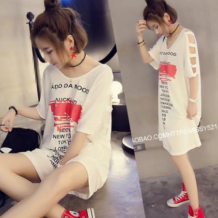 PF21#漏肩膀漏背印花T恤女短袖中长款胖MM200斤大码女装