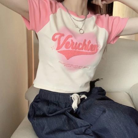 PF24#五角星字母大码女甜辣妹夏季新款时尚圆领爱心撞色T恤短袖上衣