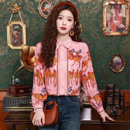 PF41#新款真丝翻领衬衣女欧洲站新款动物印花桑蚕丝长袖上衣