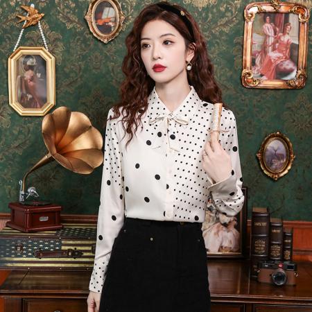 PF42#新款小众波普风真丝上衣法式波点飘带蝴蝶结衬衫女