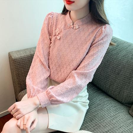 PF43#新款盘扣旗袍立领雪纺衬衫女国风长袖打底衫上衣