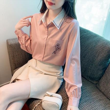 PF44#新款绣花通勤翻领长袖竖条纹衬衫法式减龄气质衬衣