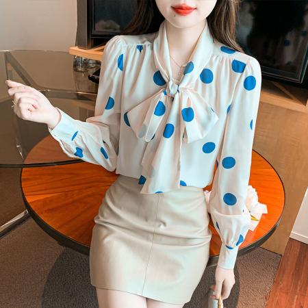 PF46#新款高级感波点设计感通勤长袖上衣气质蝴蝶结飘带衬衫