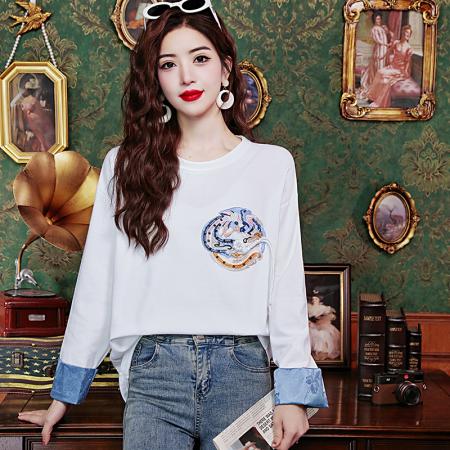 PF47#新中式国风T恤宽松女装新款长袖宽松型