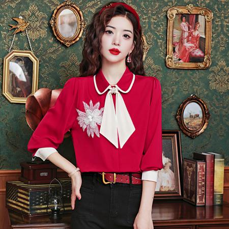 PF50#长袖衬衫娃娃领甜美百搭