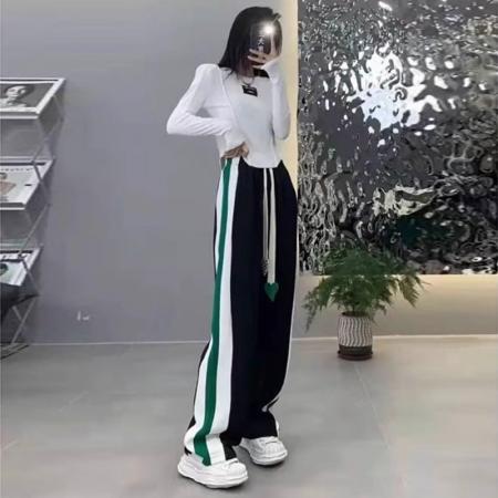 PF52#大码撞色抽绳阔腿裤女春季高腰胖mm宽松显瘦休闲百搭拖地长裤