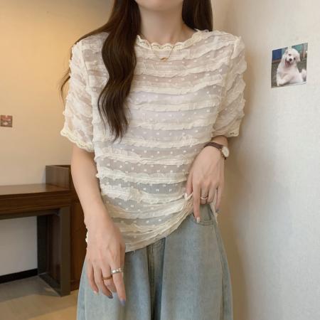 PF57#大码女装超仙甜美蕾丝花边雪纺别致泡泡袖洋气小衫M-4XL200斤