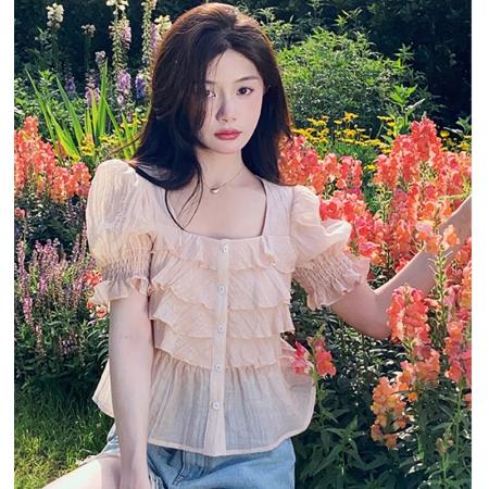 PF58#夏季新款大码女装雪纺上衣方领荷叶边短袖短款纯色小衫M-4XL200斤