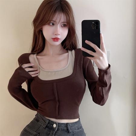 PF70#t恤女韩版新款撞色吊带假两件打底衫冬季辣妹风方领长袖短款上衣