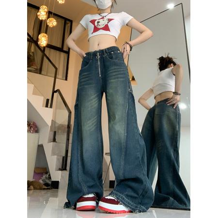 PF74#深蓝色牛仔阔腿裤女新款设计感拉链高腰垂感拖地长裤