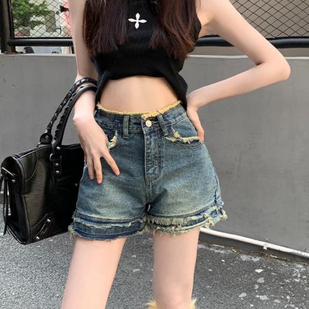PF79#毛边阔腿热裤女ins风辣妹小众薄款夏装a字复古短裤网红牛仔裤子女