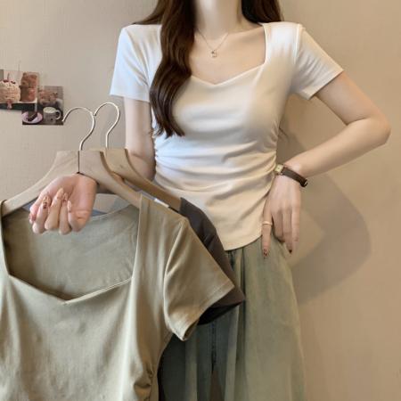 PF88#40支纯棉 2024夏装褶皱修身桃心领短袖T恤女锁骨