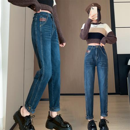 PF91#新款卷边高腰哈伦裤女小众宽松显瘦九分直筒老爹裤ins