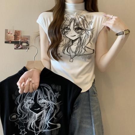 PF101#40支纯棉 2024夏装半高领印花打底衫女短袖T恤