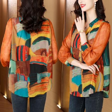 PF103#欧货衬衫女 新款高档洋气妈妈气质上衣大码复古印花雪纺衬衣