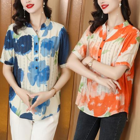 PF104#夏季时尚花色印花烫钻短袖上衣显瘦减龄气质休闲女T恤小衫
