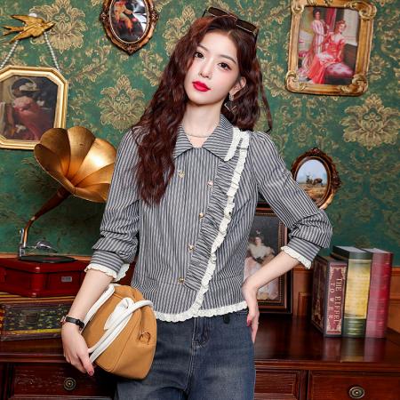 PF109#新款复古荷叶边条纹斜扣衬衫女设计感百搭气质上衣