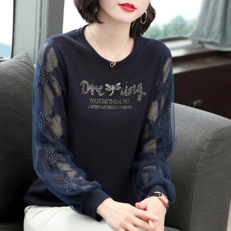 PF119#拼接长袖t恤女宽松洋气小衫韩版网纱拼接袖妈妈上衣春季新款