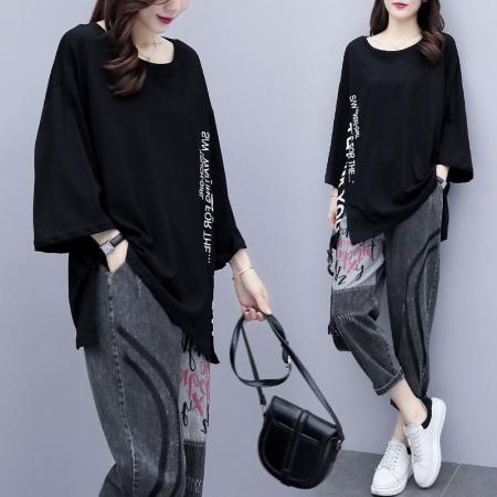 PF139#T恤女 夏新款韩版大码女装宽松显瘦体恤胖MM时尚印花短袖上衣