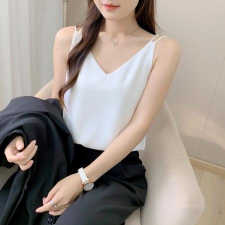 PF159#v领雪纺吊带背心女双肩带美背气质西装内搭上衣打底白色