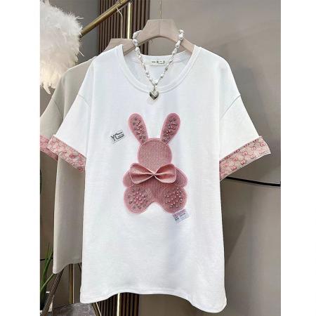 PF167#短袖T恤女2024新款大码胖MM半袖休闲时尚设计感宽松显瘦洋气上衣