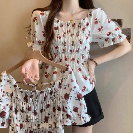 PF168#夏季新款大码显瘦洋气遮肉法式碎花方领泡泡短袖衬衫小清新