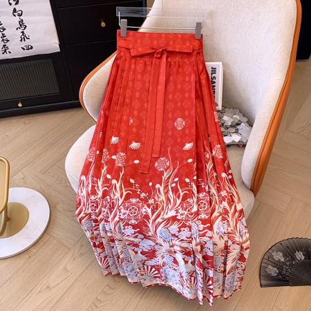 PF198#新中式国风汉服碎花百褶半身裙女春季新款马面裙遮跨大摆长裙