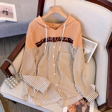 PF203#休闲连帽条纹衬衫春季新款宽松时尚洋气长袖假两件上衣